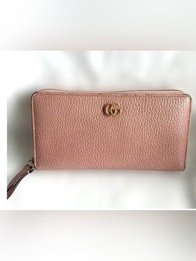 Gucci Pink Pebbled Leather Zip-Around Wallet with Gold Double G Marmont